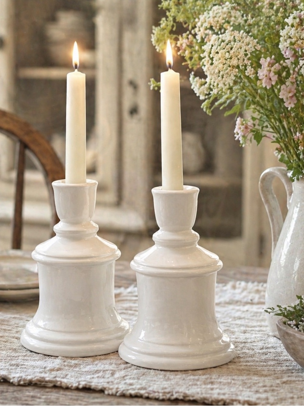 Italian White Ceramic Candlestick Holders Set | Cottagecore Farmhouse Decor